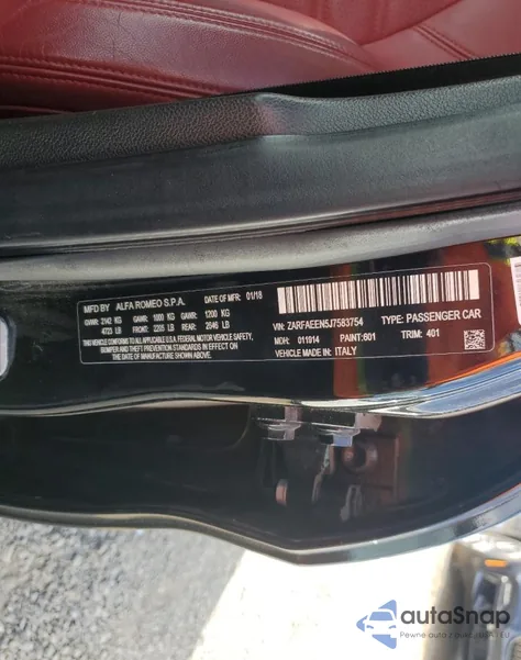 2018 Alfa Romeo Giulia Ti Q4 z USA, uszkodzony, nr VIN ZARFAEEN5J7583754